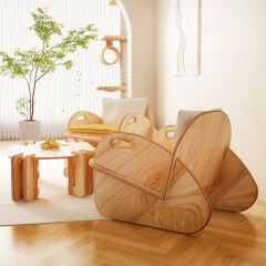 PRAKTURA-CELL Kontrplak Çay Seti Meşe Ahşap, Beyaz Sarı Kumaş (2 ADET TEKLI BERJER 1ADET ORTA SEHPA)