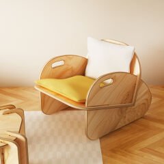 PRAKTURA-CELL Kontrplak Çay Seti Meşe Ahşap, Beyaz Sarı Kumaş (2 ADET TEKLI BERJER 1ADET ORTA SEHPA)