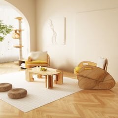 PRAKTURA-CELL Kontrplak Çay Seti Meşe Ahşap, Beyaz Sarı Kumaş (2 ADET TEKLI BERJER 1ADET ORTA SEHPA)