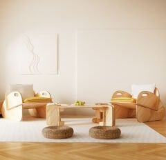 PRAKTURA-CELL Kontrplak Çay Seti Meşe Ahşap, Beyaz Sarı Kumaş (2 ADET TEKLI BERJER 1ADET ORTA SEHPA)