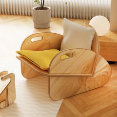 PRAKTURA-CELL Kontrplak Çay Seti Meşe Ahşap, Beyaz Sarı Kumaş (2 ADET TEKLI BERJER 1ADET ORTA SEHPA)