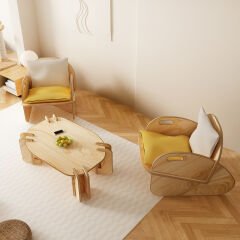 PRAKTURA-CELL Kontrplak Çay Seti Meşe Ahşap, Beyaz Sarı Kumaş (2 ADET TEKLI BERJER 1ADET ORTA SEHPA)