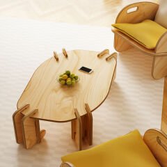 PRAKTURA-CELL Kontrplak Çay Seti Meşe Ahşap, Beyaz Sarı Kumaş (2 ADET TEKLI BERJER 1ADET ORTA SEHPA)