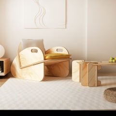 PRAKTURA-CELL Kontrplak Çay Seti Meşe Ahşap, Beyaz Sarı Kumaş (2 ADET TEKLI BERJER 1ADET ORTA SEHPA)