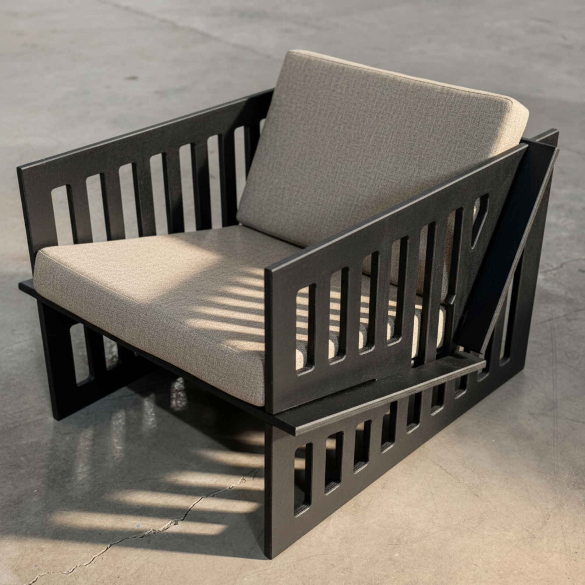 PRAKTURA-ROMA AHŞAP SİYAH BERJER Siyah Kontrplak Geçme Sistem Modern Koltuk – Vizon Keten Minderli Dış Mekân Dayanıklı