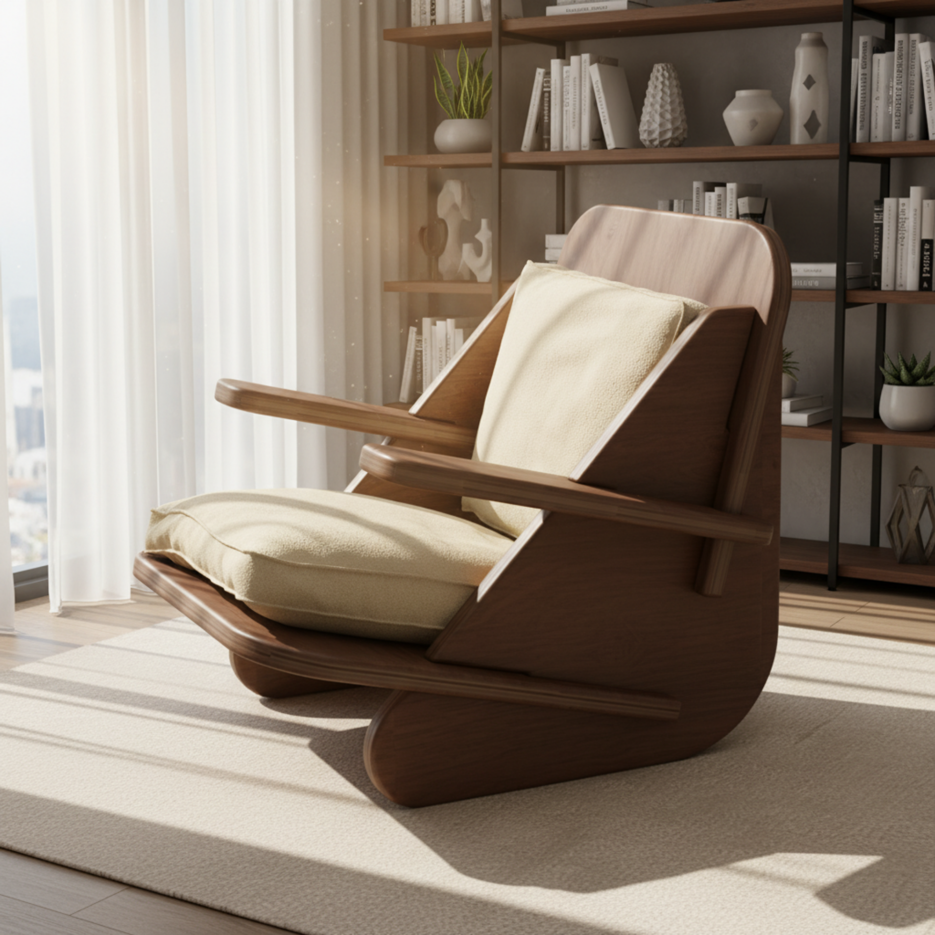 PRAKTURA-STYLISH Kahverengi Ahşap Berjer | Krem Dokuma Kumaş | Modern Tasarım Koltuk | Huş Kontrplak | Suya, Güneşe, Neme Dayanıklı Rahat Berjer